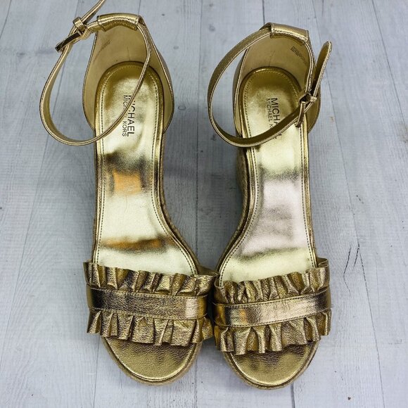 Michael Kors BELLA Gold Metallic Leather Ruffle Jute Platforms Sandals Sz 9 M 39 - Picture 7 of 12